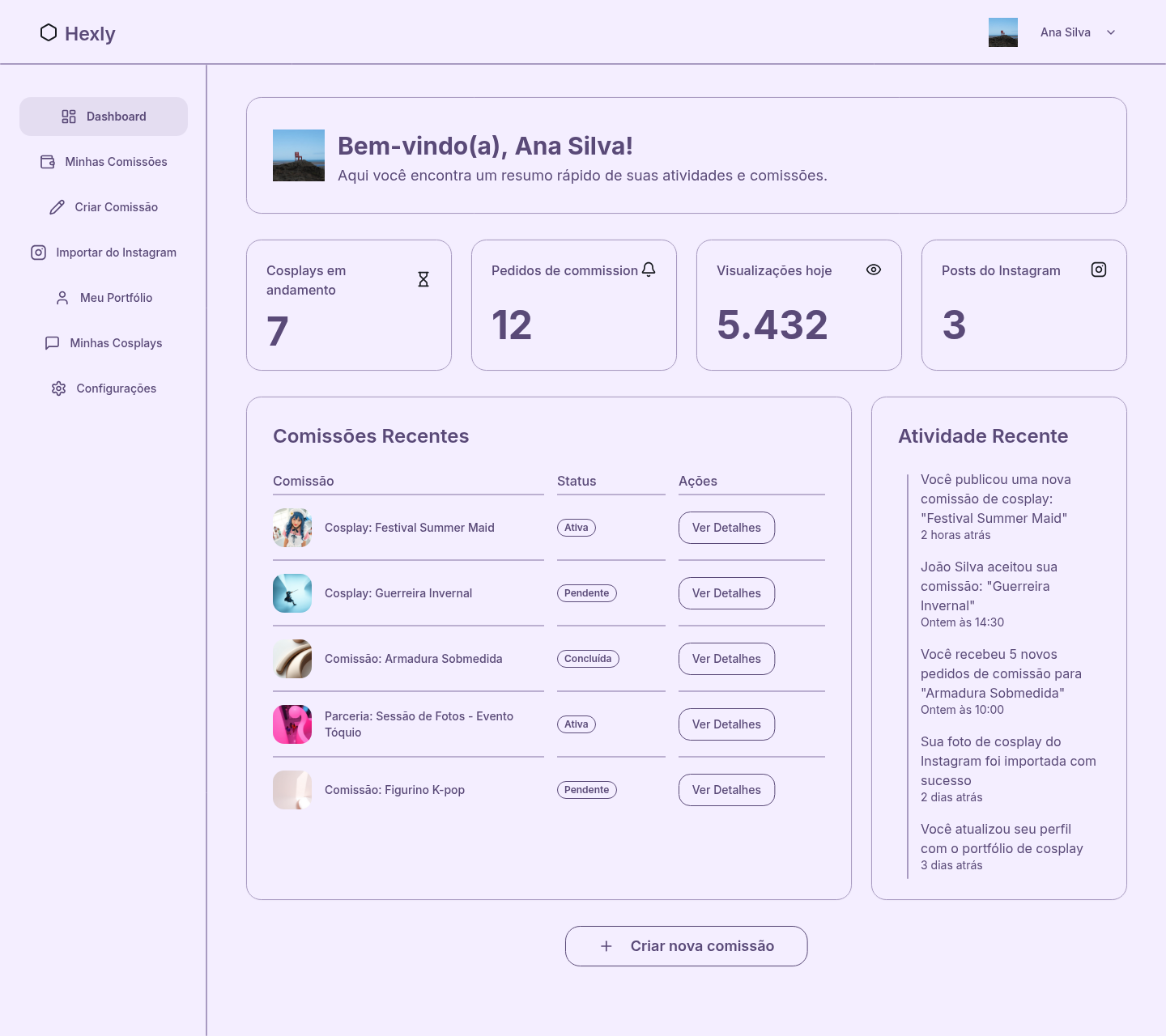 Dashboard do criador no Hexly mostrando comissões, métricas e atividades recentes